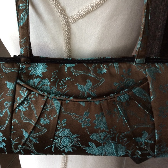 LAST 1! NEW 100% Silk Shoulder Purse Brown Aqua Birds Floral Big Sky Shanghai - Picture 4 of 8